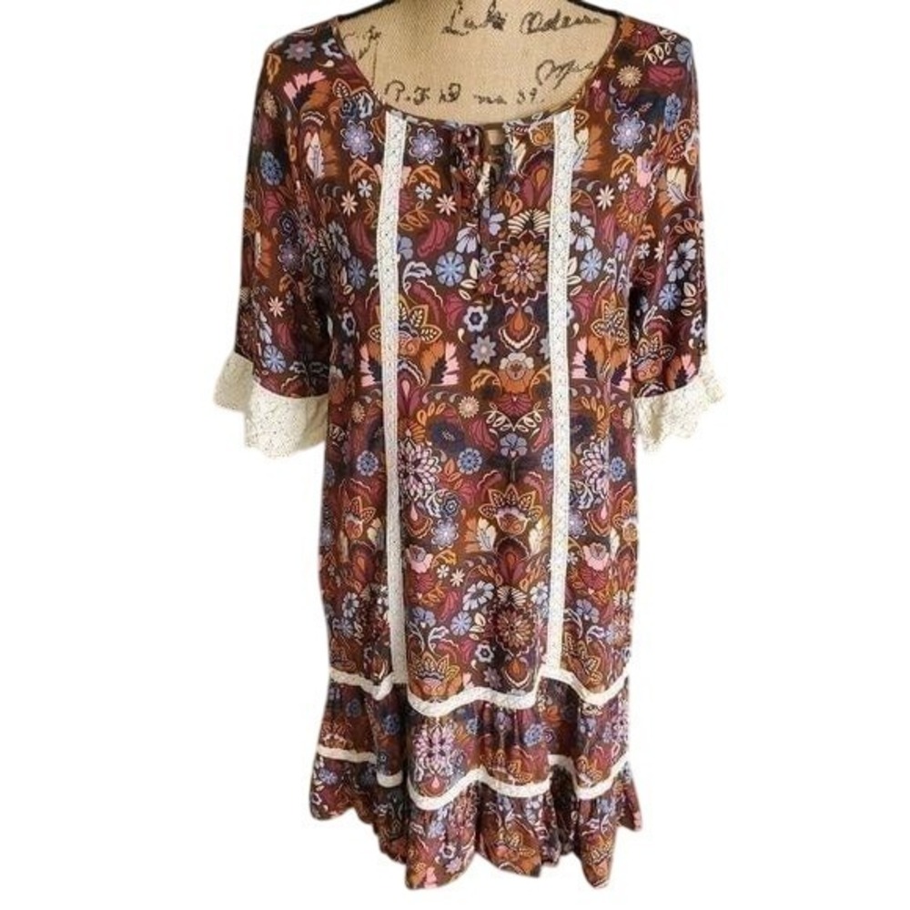 Matilda Jane Floral Print Dress Brown‎ Boho Peasant Style Lace Trim Detail Large